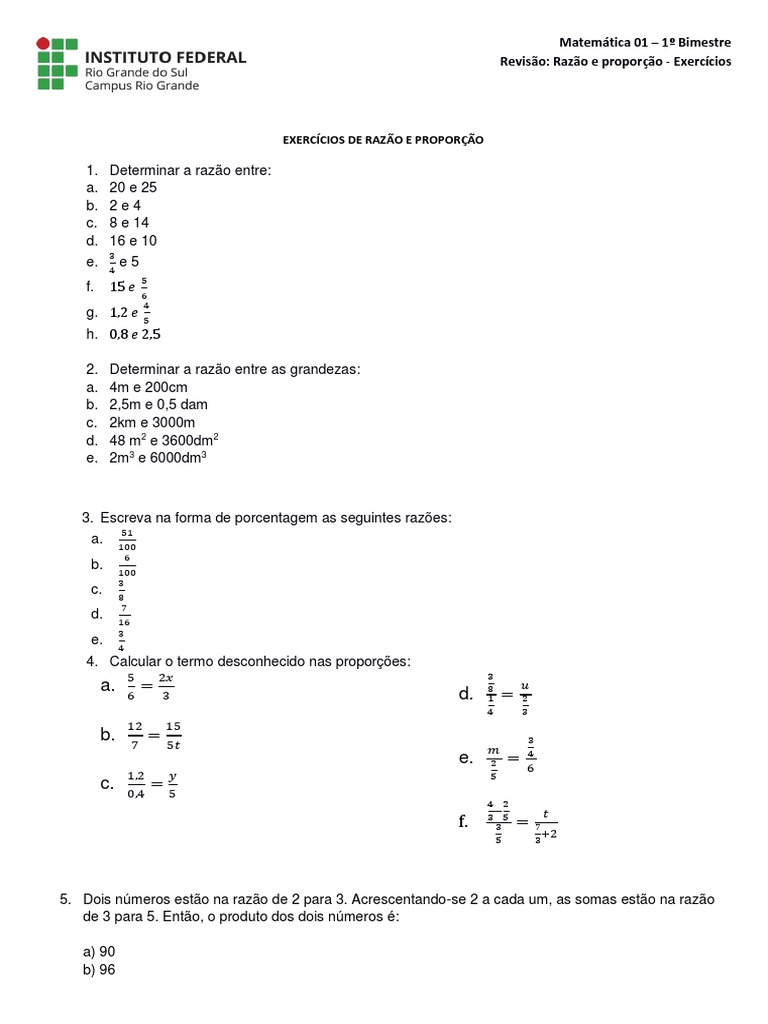 Exercícios de Razão e Proporção | PDF | Matemática | Aritmética