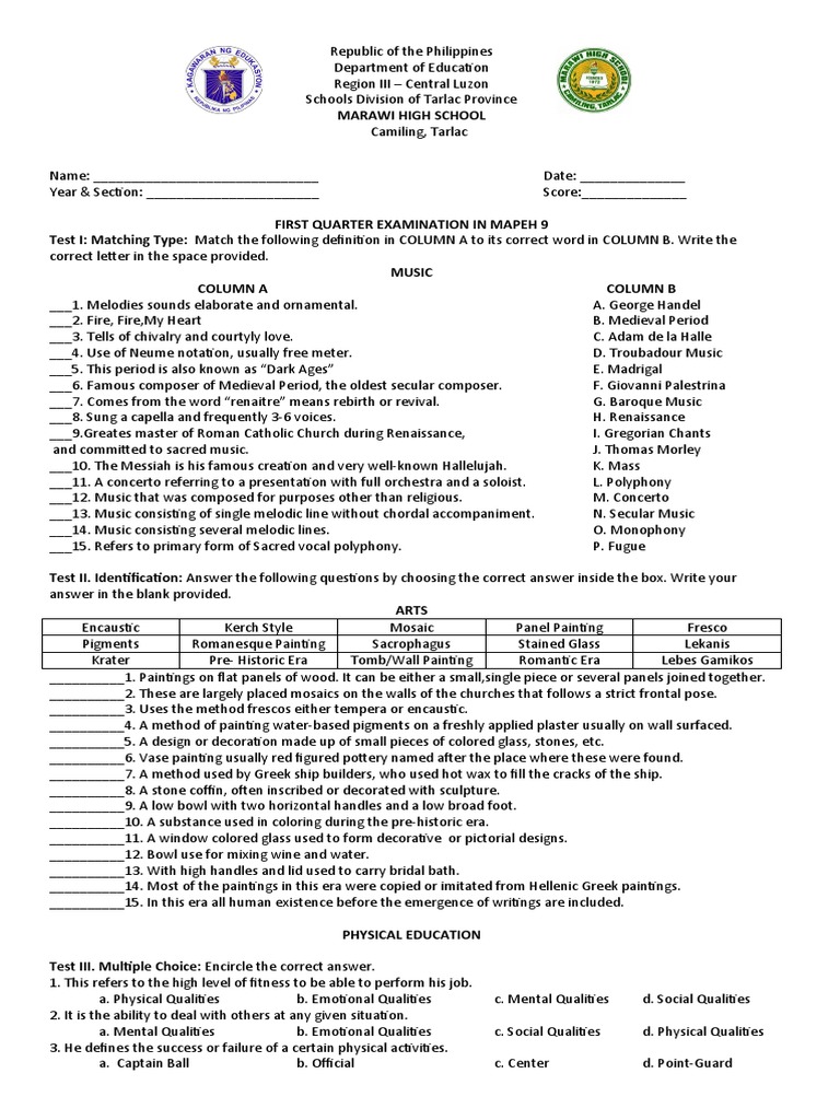 MAPEH - Test Paper 1st Quarter | PDF | Paintings | Waste