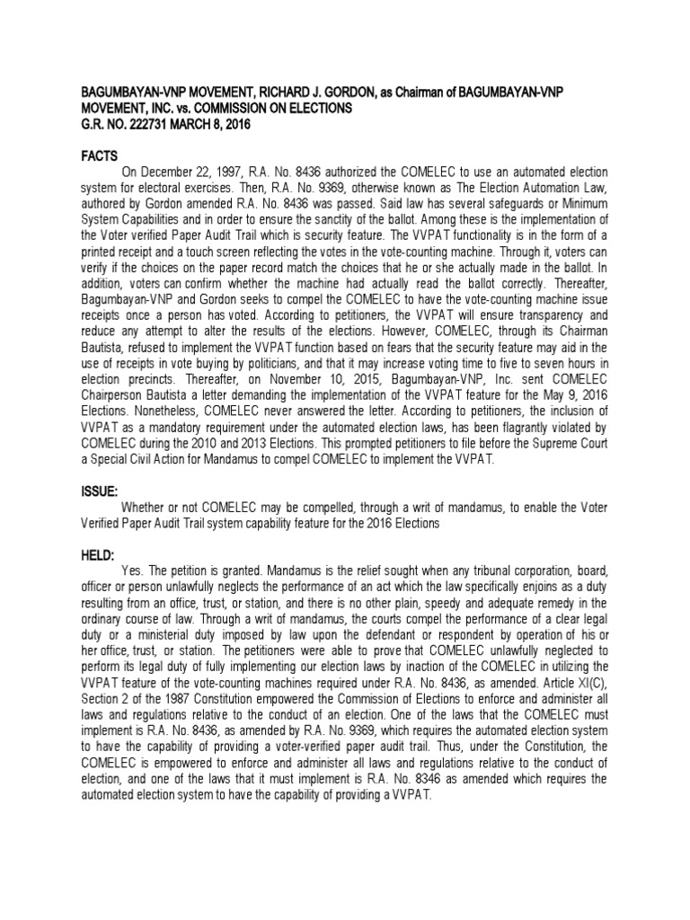 Bagumbayan V COMELEC Case Digest PDF Mandamus Public Law