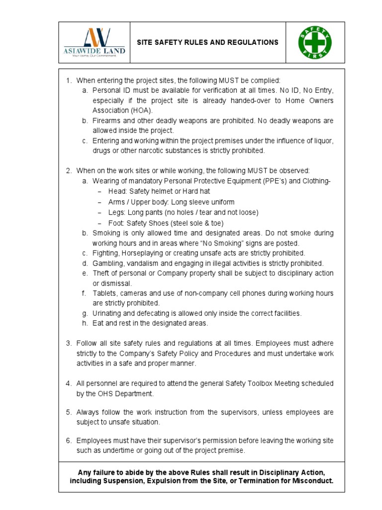 Site Safety Rules and Regulations | PDF | Technology & Engineering