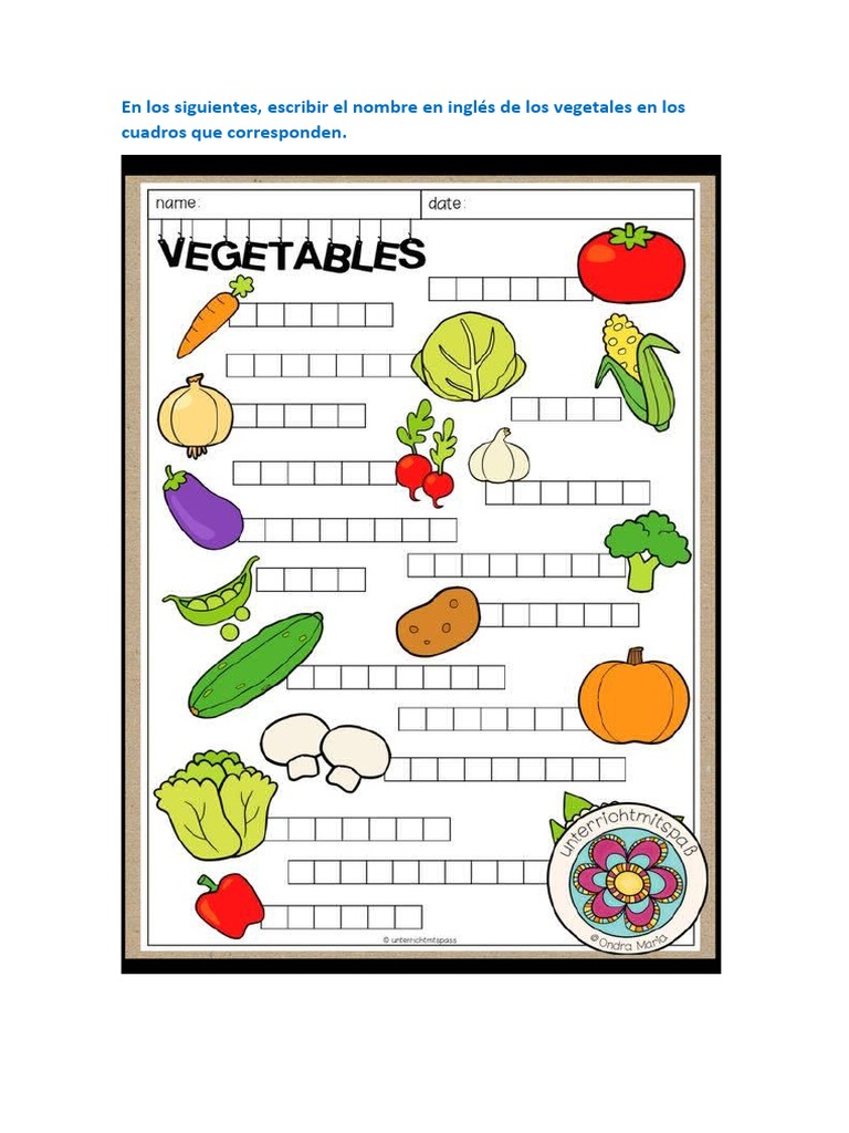 Vegetales en Inglés PDF