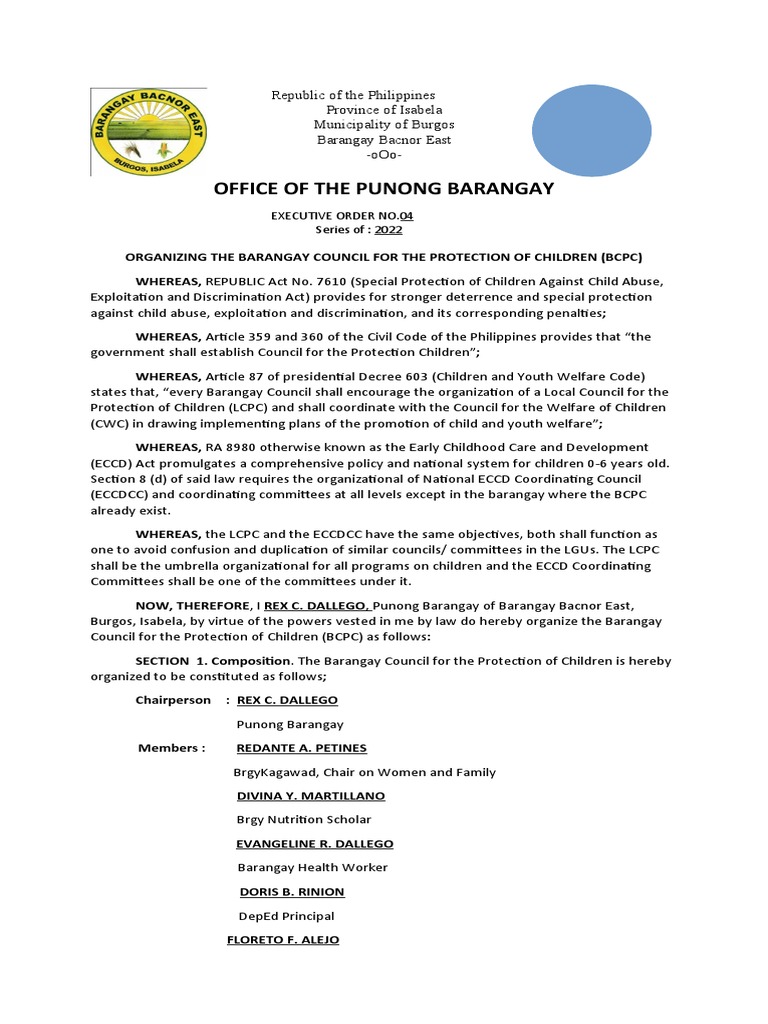 Establishing the Barangay Council for the Protection of Children to ...