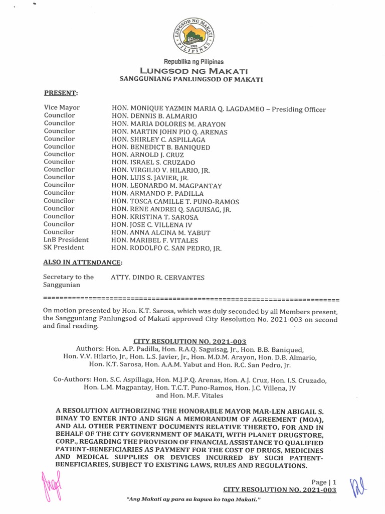 Resolution Authorizing The Mayor To Enter in To MOA With Planet Drug ...