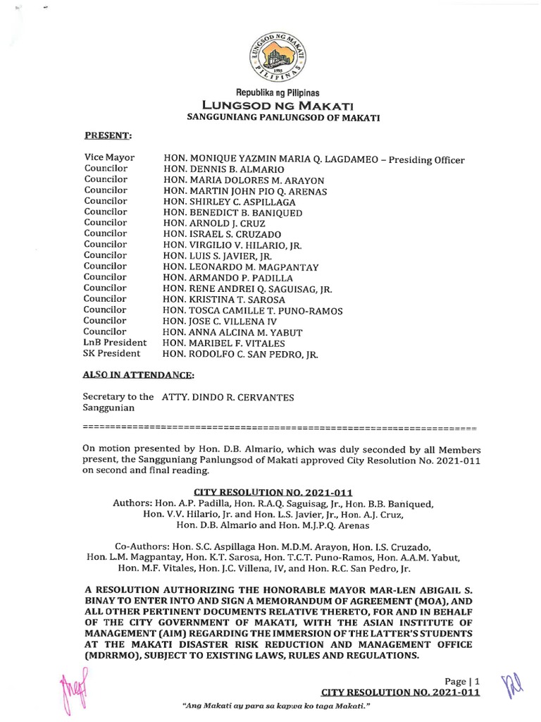 Resolution Authorizing The Mayor To Enter in To MOA With Philippine ...