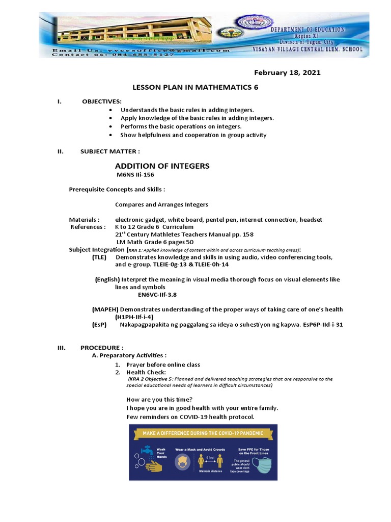 Grade 6 Addition of Integers Plan | PDF | Teaching Method | Curriculum
