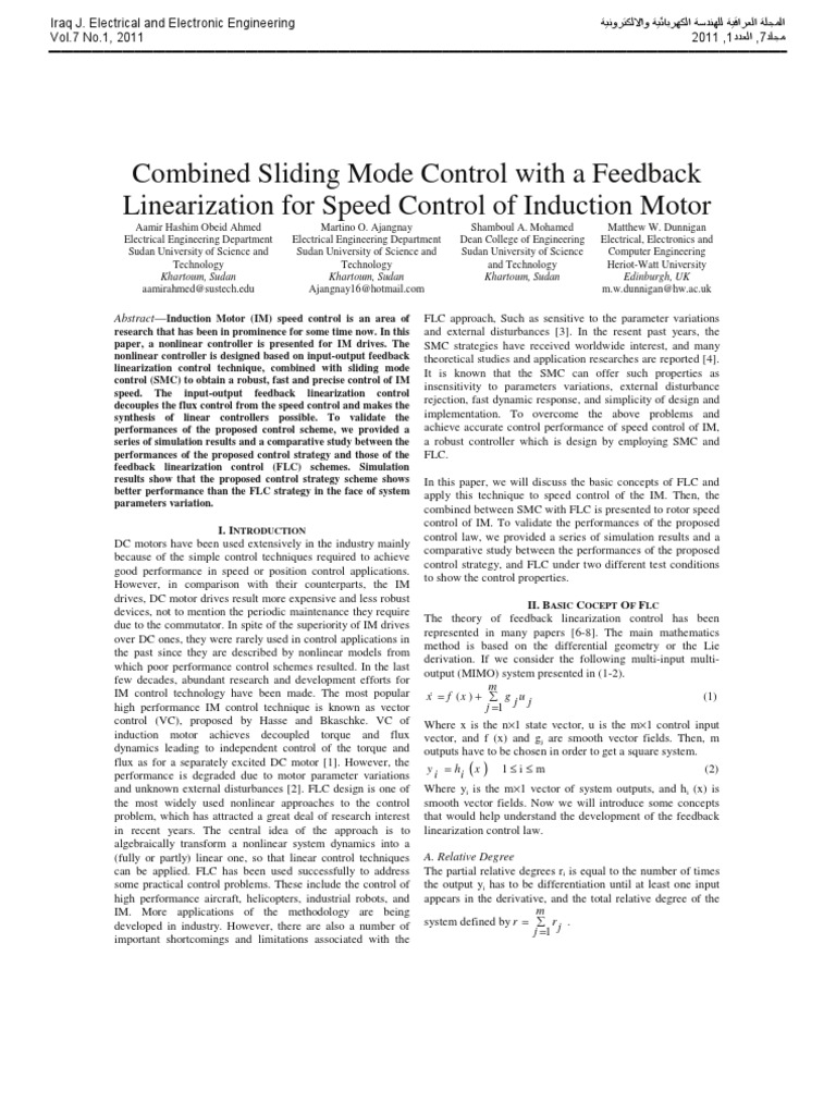 Combined Sliding Mode Control With A Feedback Linearization For Speed ...