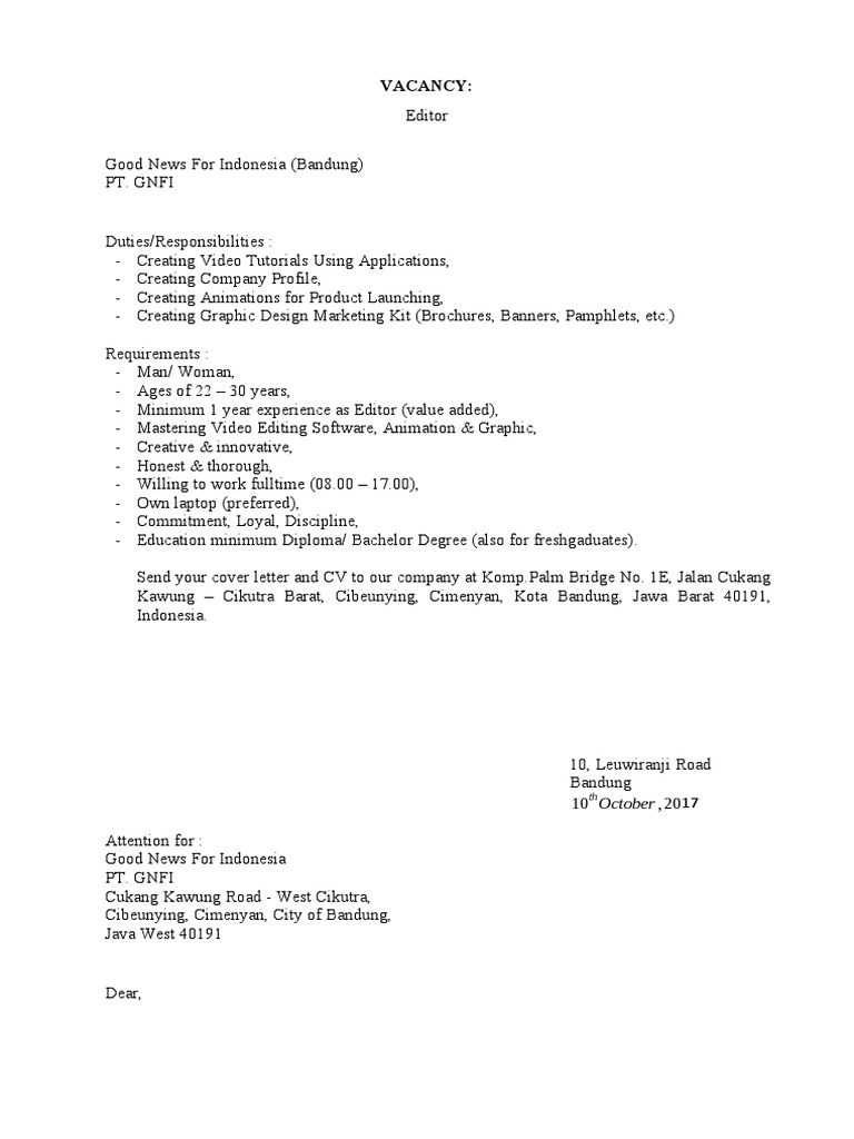 Contoh Job Vacancy Job Application Lette | PDF | Communication