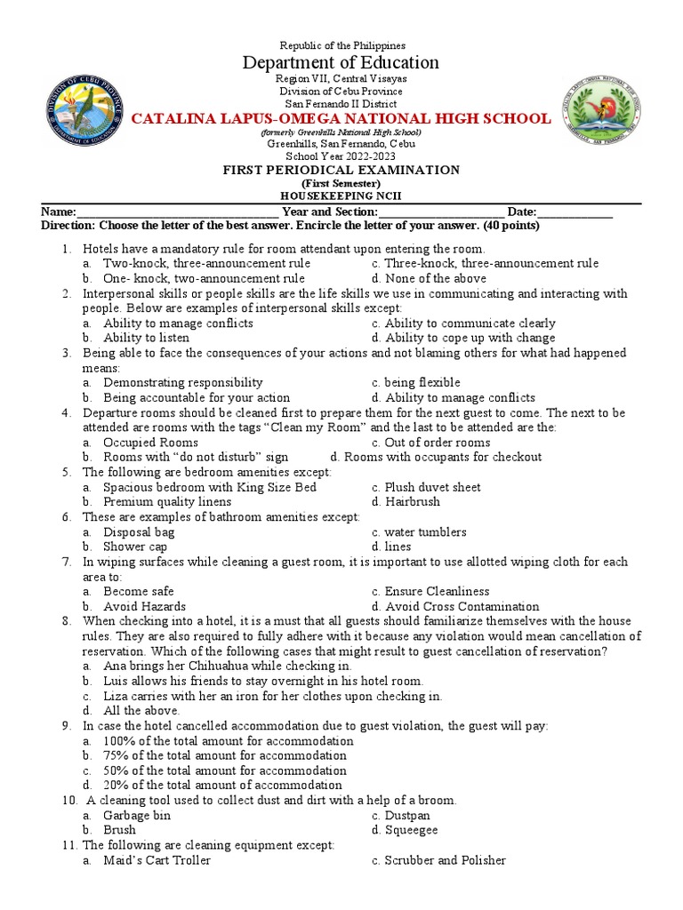 Test Question Housekeeping NCII PDF