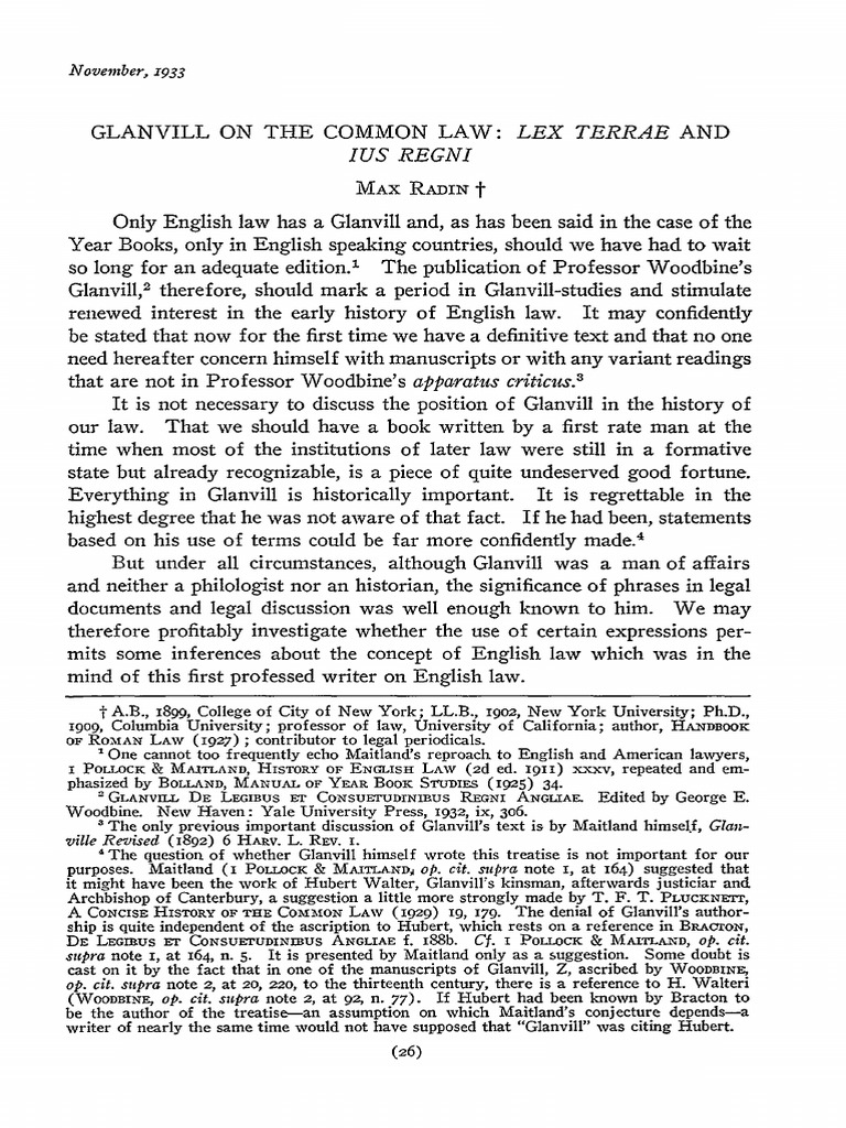 Glanvill On The Common Law Lex Terrae and Ius Regni PDF Law Of