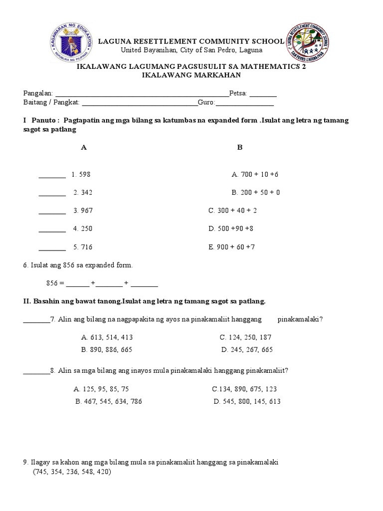 Math Quarter 1 Summative 2 Corrected 1 | PDF