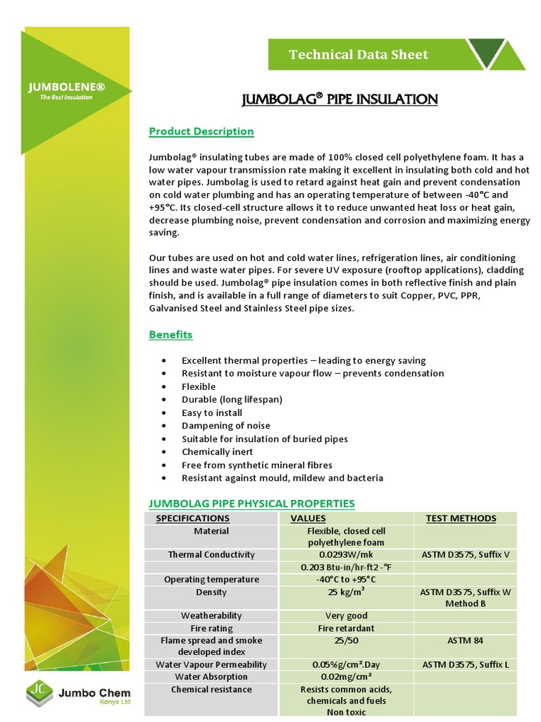 Jumbolag Pipe Insulation Data Sheet PDF Pipe (Fluid Conveyance