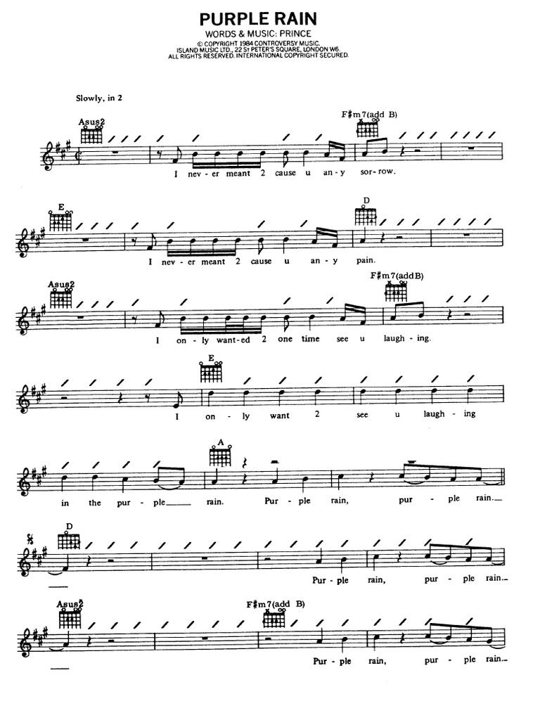 PDF preview of Prince - Purple Rain (Slow), presenting slower sheet music for learning and performance
