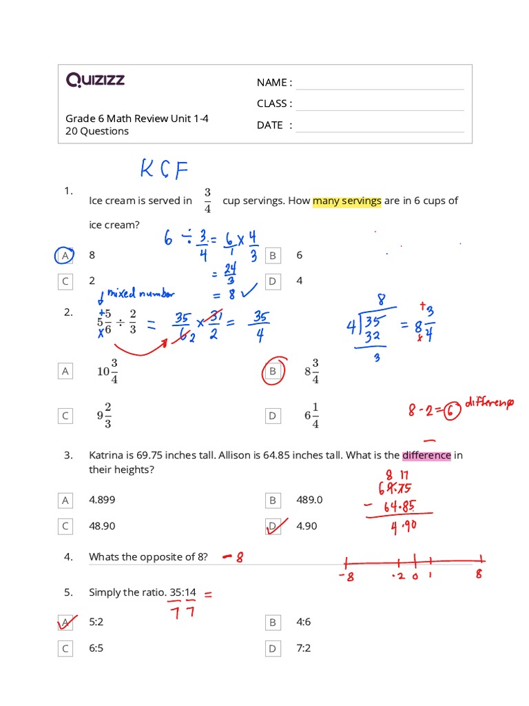Grade 6 Math Review Units 1-4 | PDF