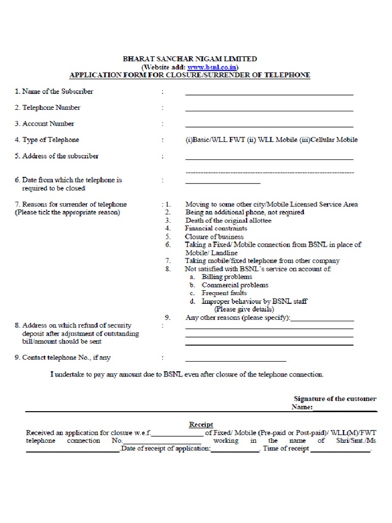 2 BSNL Application Form For Surrender of Connection | PDF