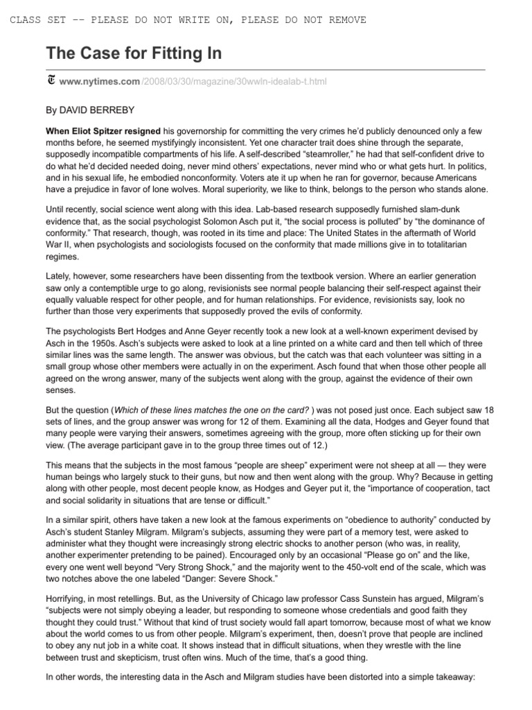 thecaseforfittingin_nytimes1 PDF Obedience (Human Behavior