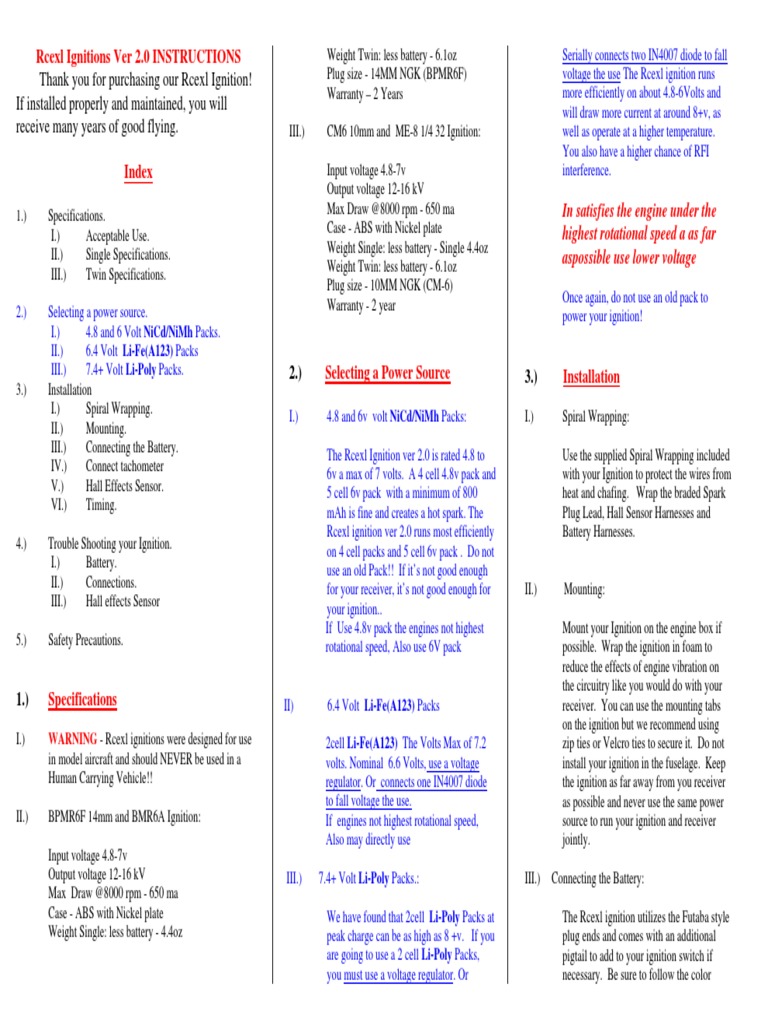 INSTRUCTIONS For Rcexl Ignitions Ver 2.0 PDF Ignition System