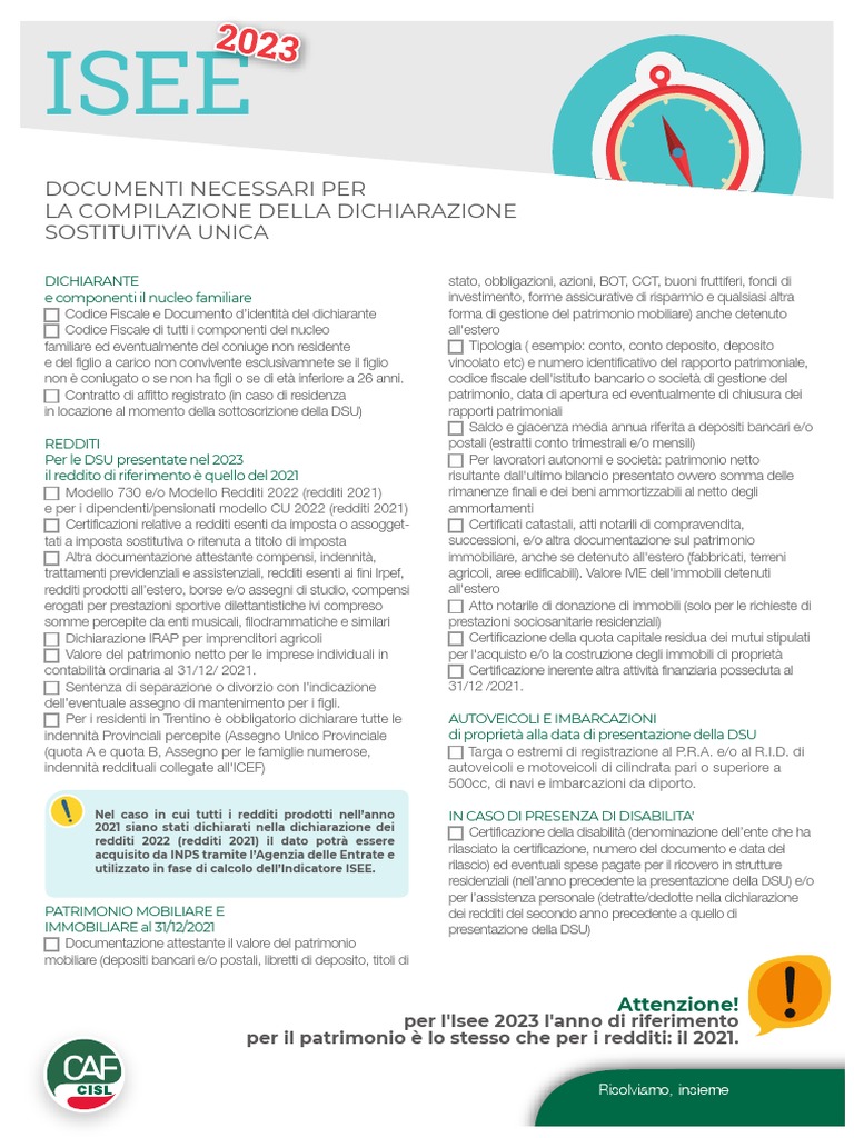 Caf Cisl Elenco Documenti Isee 2023 PDF