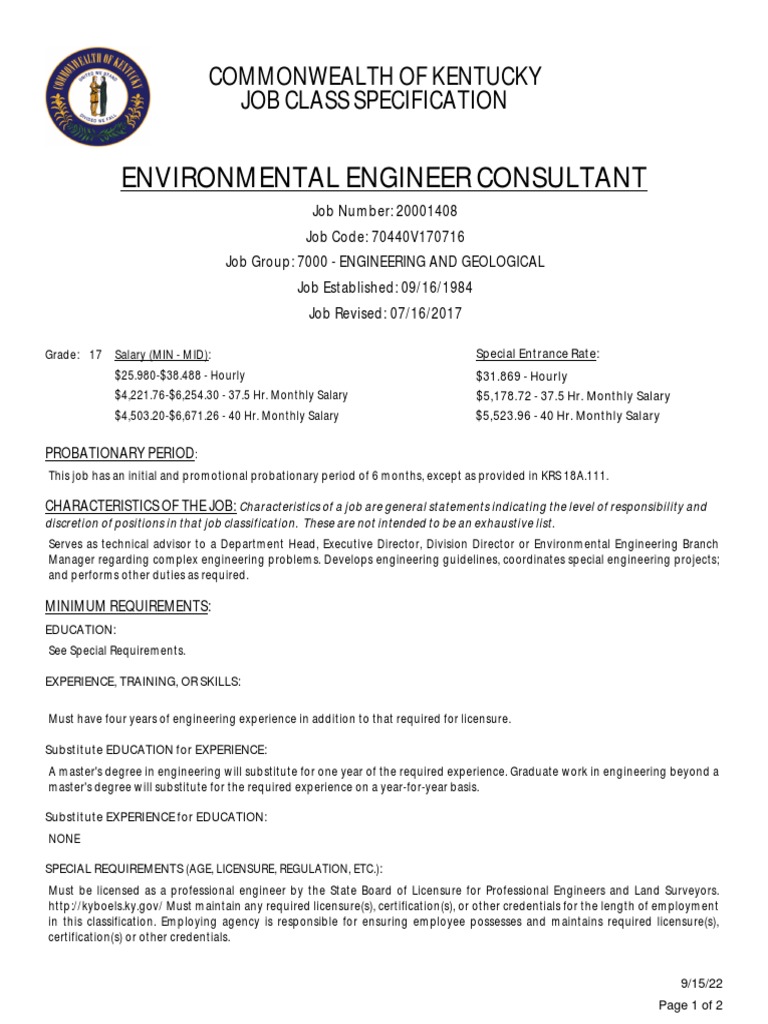 Environmental Engineer Consultant Commonwealth of Kentucky Job Class