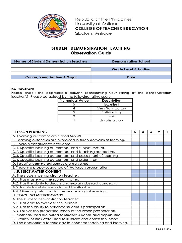 Demo teaching observation guide pdf teaching method teachers