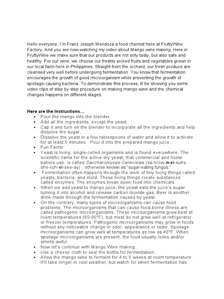 Mango Wine PDF Yeast Fermentation