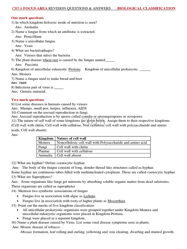 Revision Questions on Biological Classification | PDF | Fungus | Spore