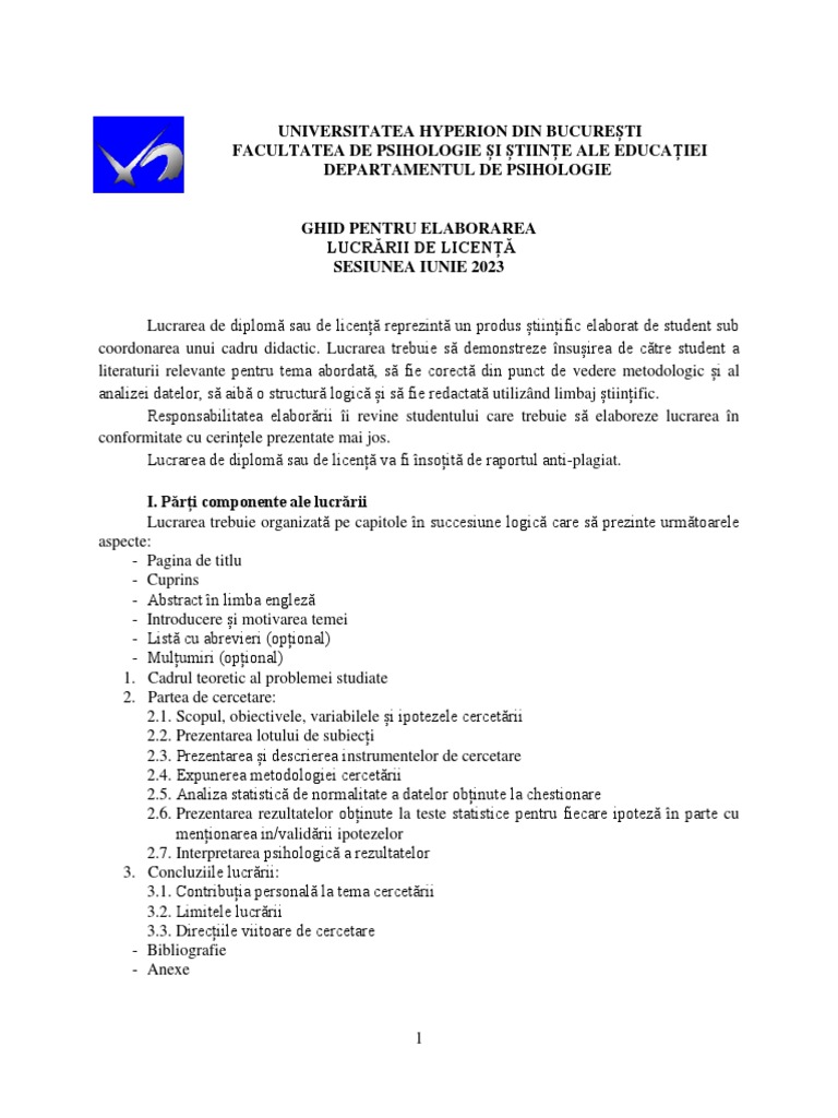 Lucrare De Licenta Psihologie Ghid Elaborare Lucrare de Licenta Psihologie 2023 | PDF
