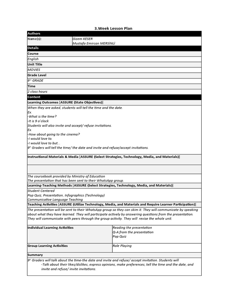 3 Week Plan PDF Teachers Teaching Method