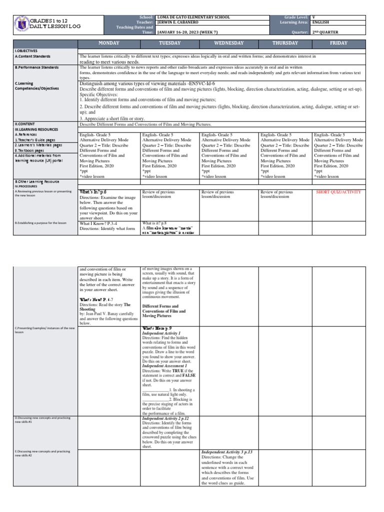 Film Conventions Lesson Plan | PDF | Teaching Method | Differentiated ...