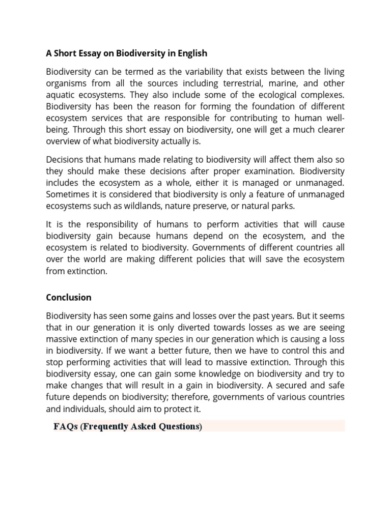 A Short Essay On Biodiversity in English PDF