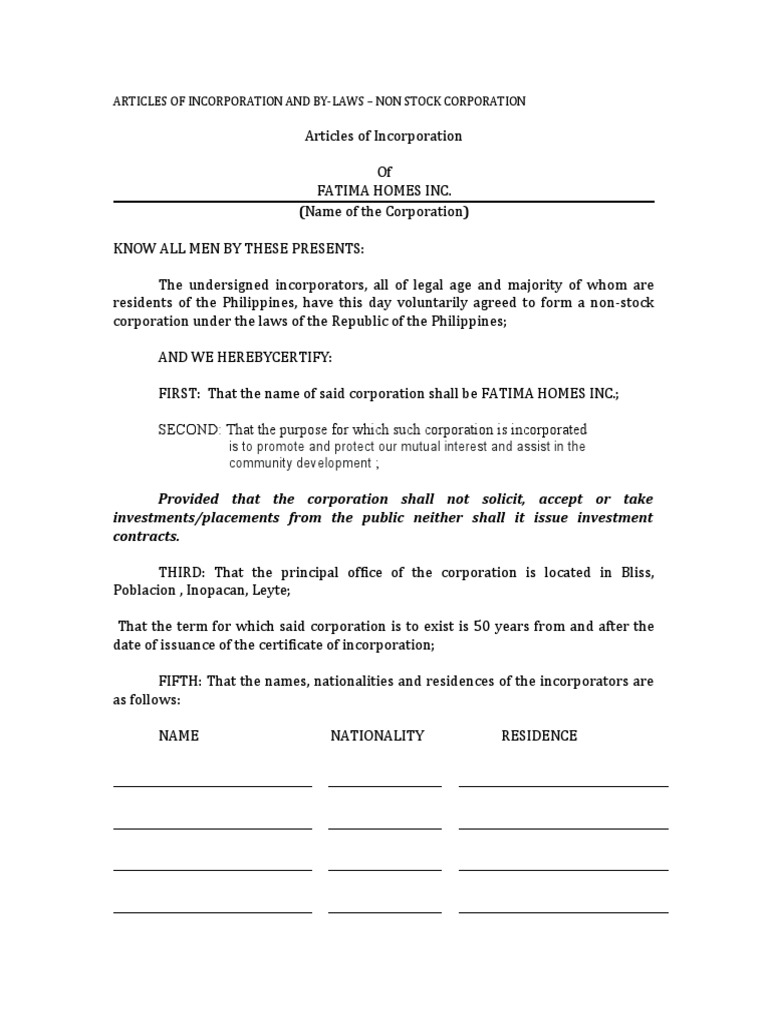 Articles of Incorporation and by Laws Non Stock Corporation PDF