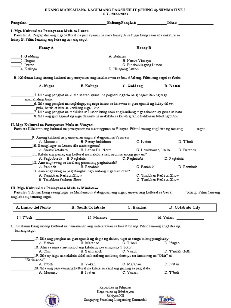 Arts 4 1st Summative Test Pdf