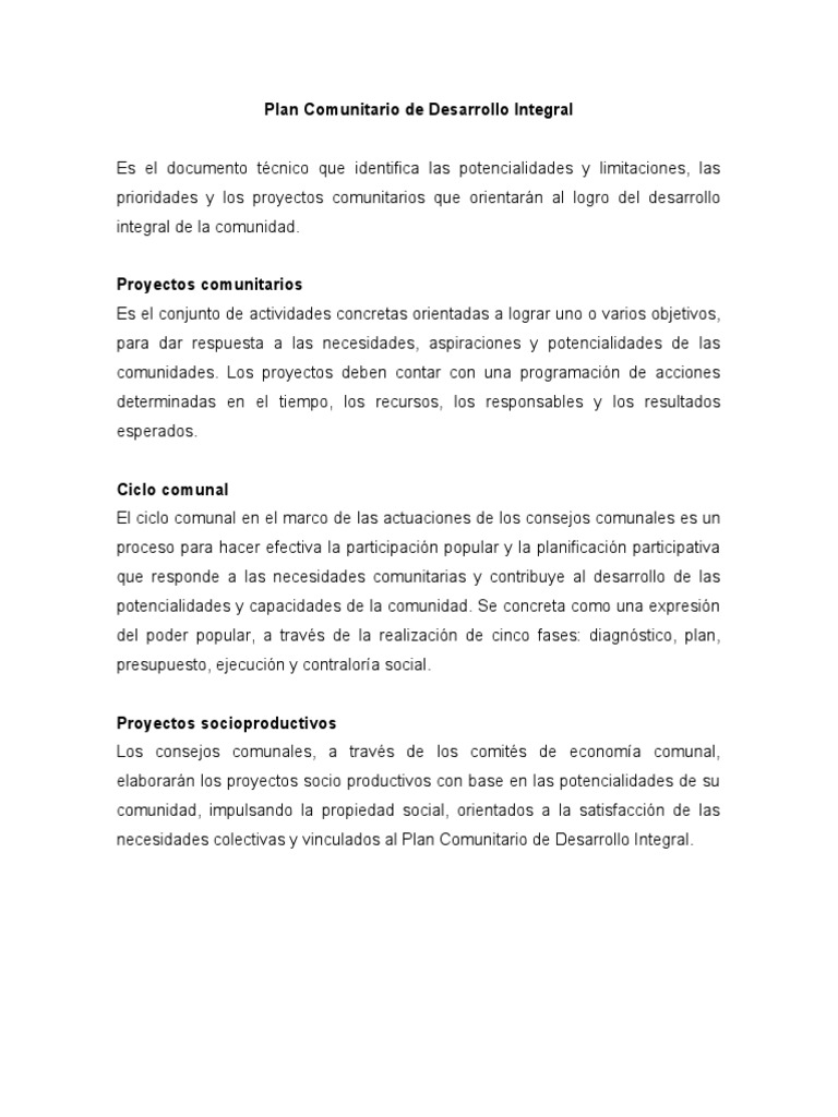 Plan Comunitario de Desarrollo Integral | PDF | Finanzas y ...
