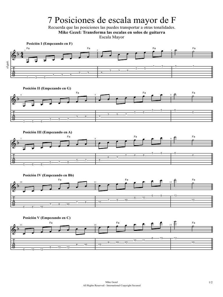 7 Posiciones de Escala Mayor de F | PDF | Escalas musicales | Teoría ...