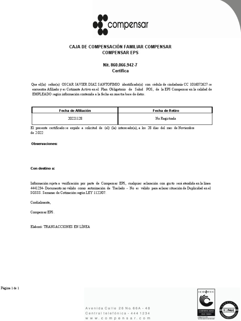 Certificado de Afiliación EPS Compensar | PDF | Finanzas y dinero