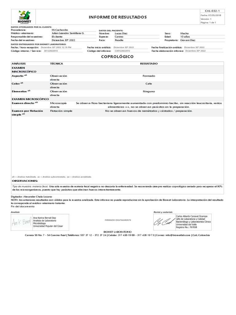 Resultados de coprológico de Lucas Diaz | PDF | Medicina | Medicina CLINICA