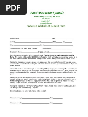 bond mountain kennels - puppy waiting list contract