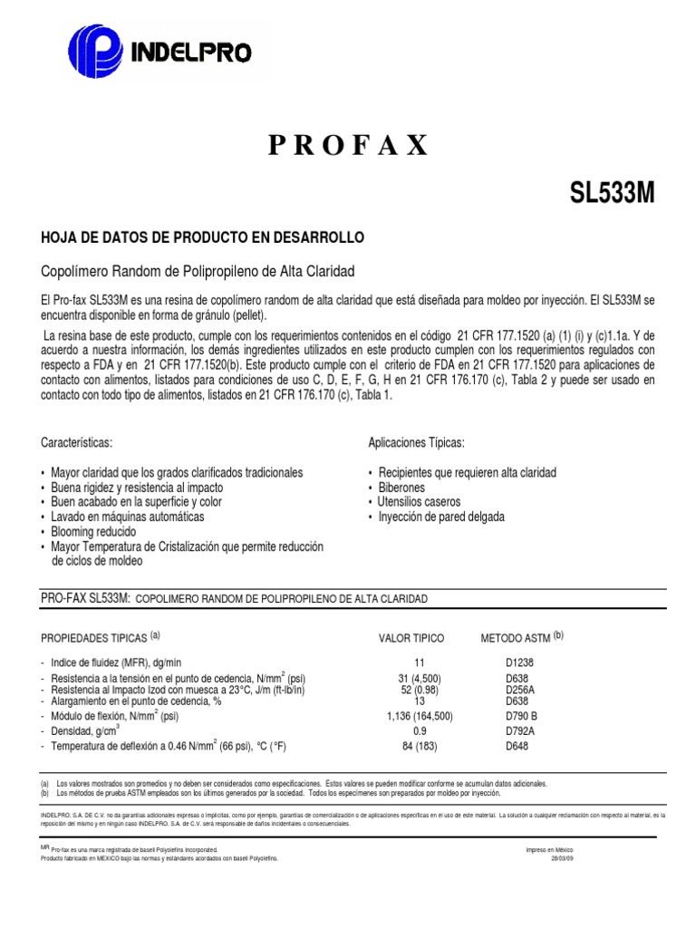 Pro-fax SL533M: Copolímero de Polipropileno | PDF