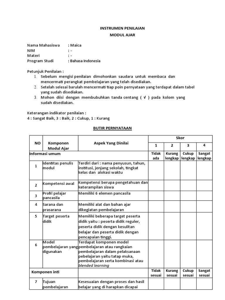 Rubrik Penilaian Modul Ajar Kurikulum Merdeka | PDF