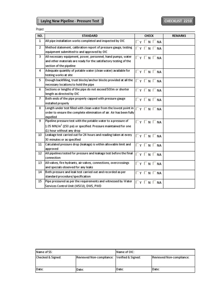 Pipeline Pressure Testing Checklist | PDF