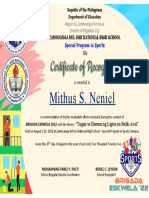 Certificate of Appreciation awarded to Mithus S. Neniel for invaluable efforts during Brigada Eskwela 2022