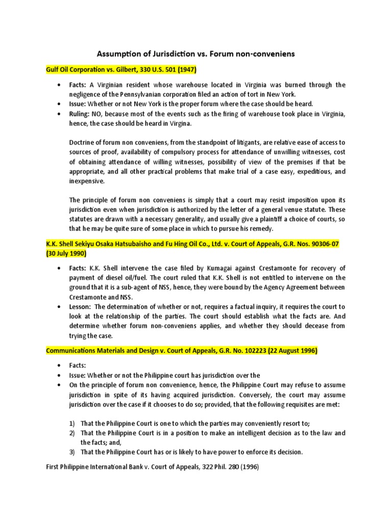Assumption of Jurisdiction Vs Forum NonConveniens Notes PDF