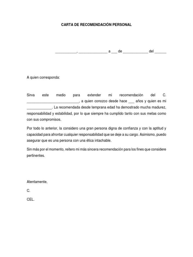Carta de Recomendación Personal | PDF | Relaciones personales, crianza ...