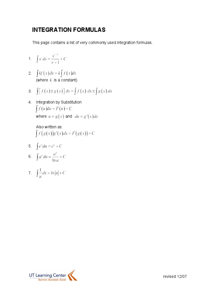 Integration Formulas | PDF
