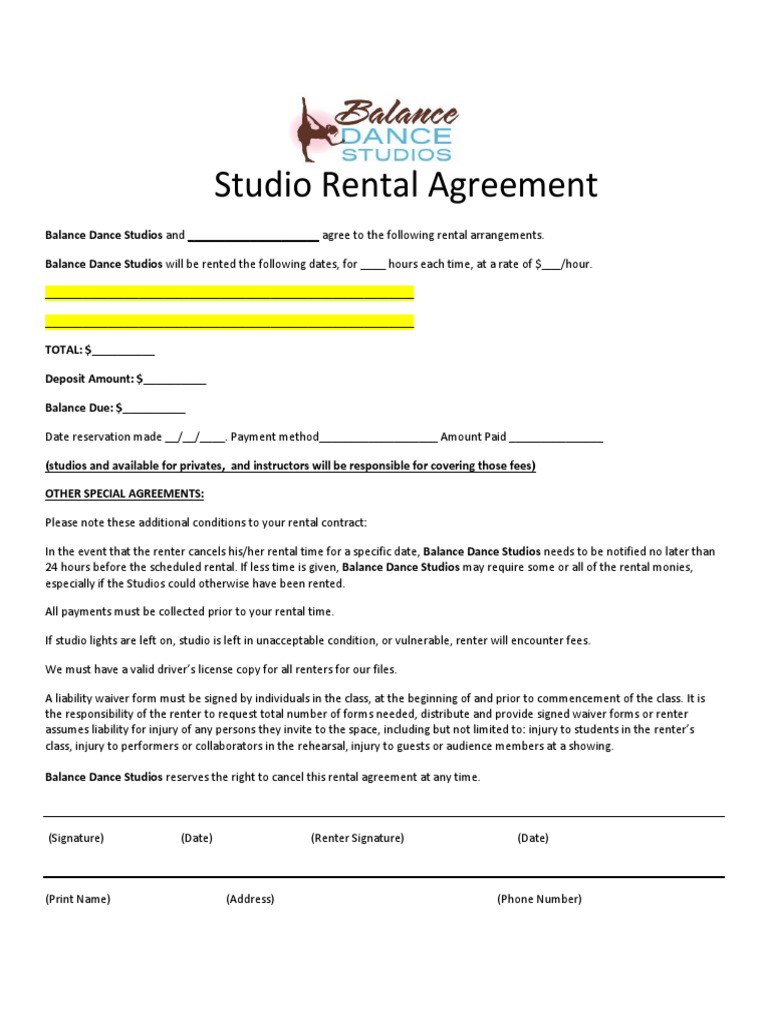 Dance Studio Rental Agreement | PDF | Renting | Fee