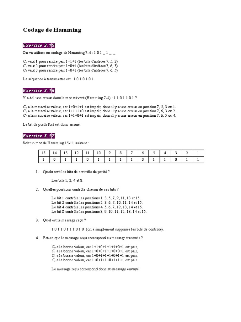 Codage de Hamming : Exercices et Erreurs | PDF