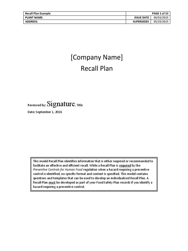 Recall Plan Template 09 01 16 PDF Food And Drug Administration Retail