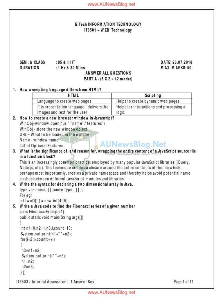 IT6503 Web Technology Assessment Key | PDF | Java Script | Software ...