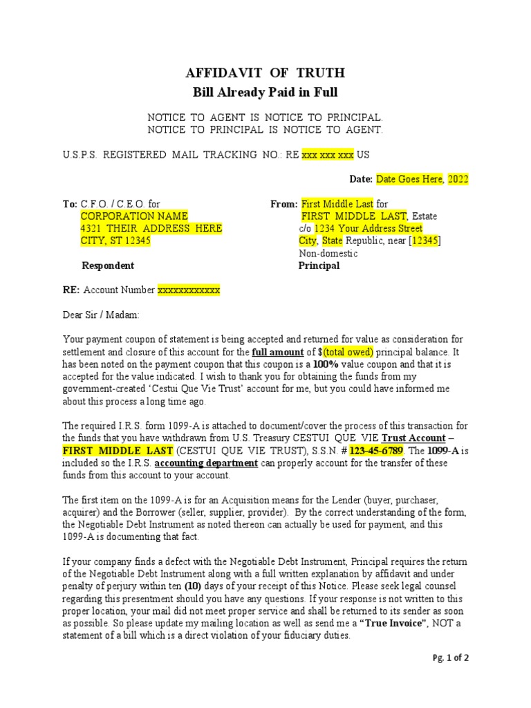 Affidavit of Fact Bill Already Paid TEMPLATE | PDF | Debt | Fiduciary