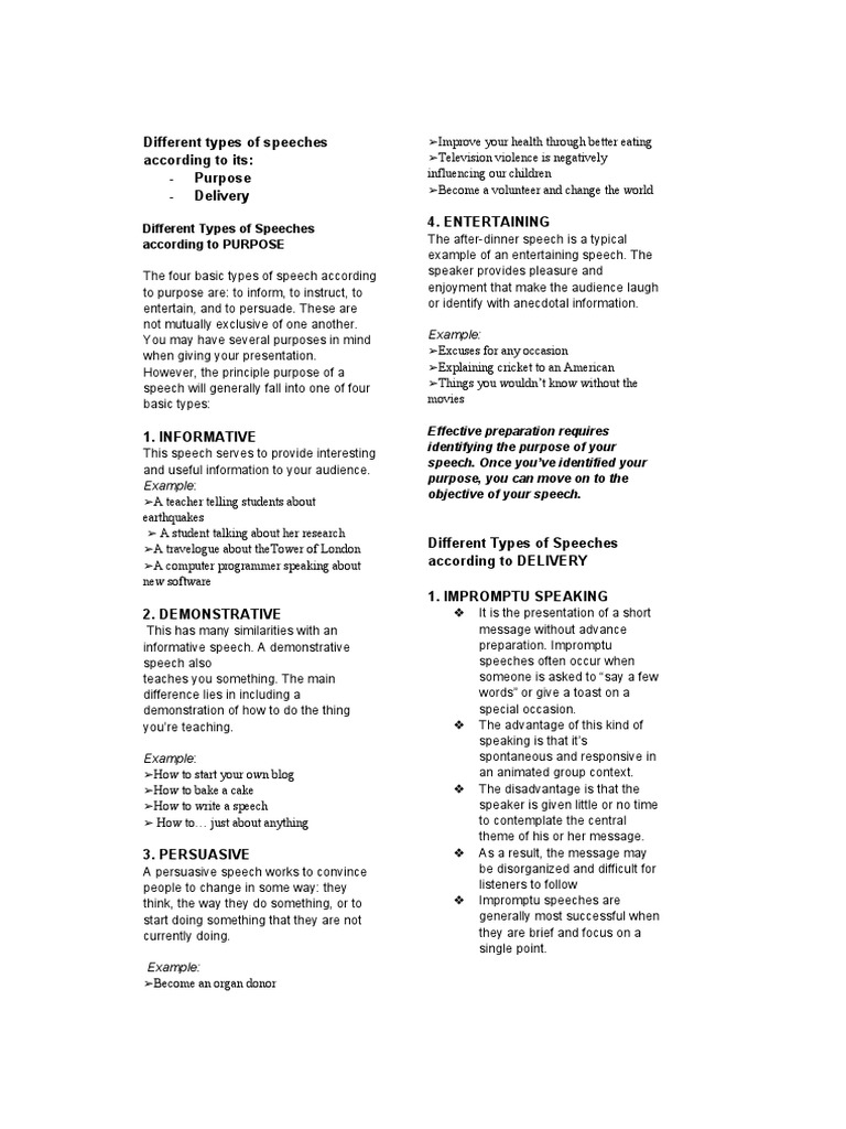 Different Types of Speeches According To Its Reviewr | PDF | Public ...