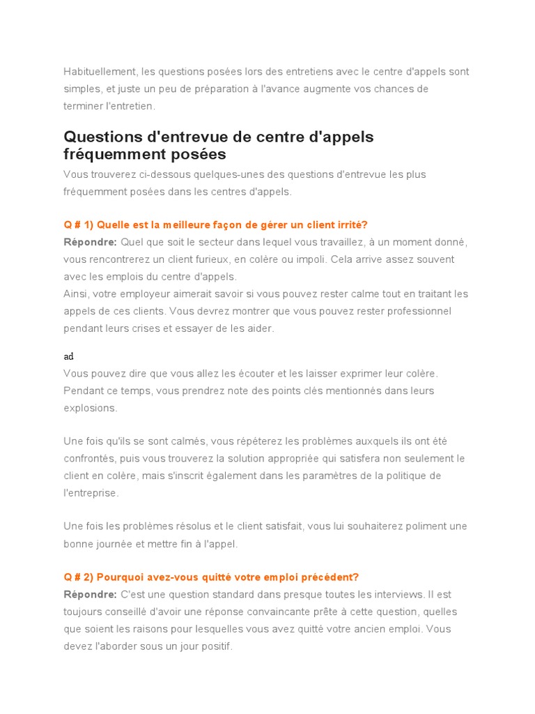 Questions d'entretien pour centres d'appels | PDF | Centre d'appel